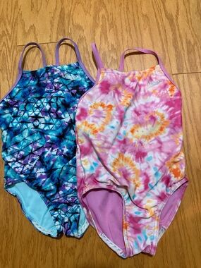 Speedo Girls' Pink & Blue Tie-Dye One-Piece Swimsuits